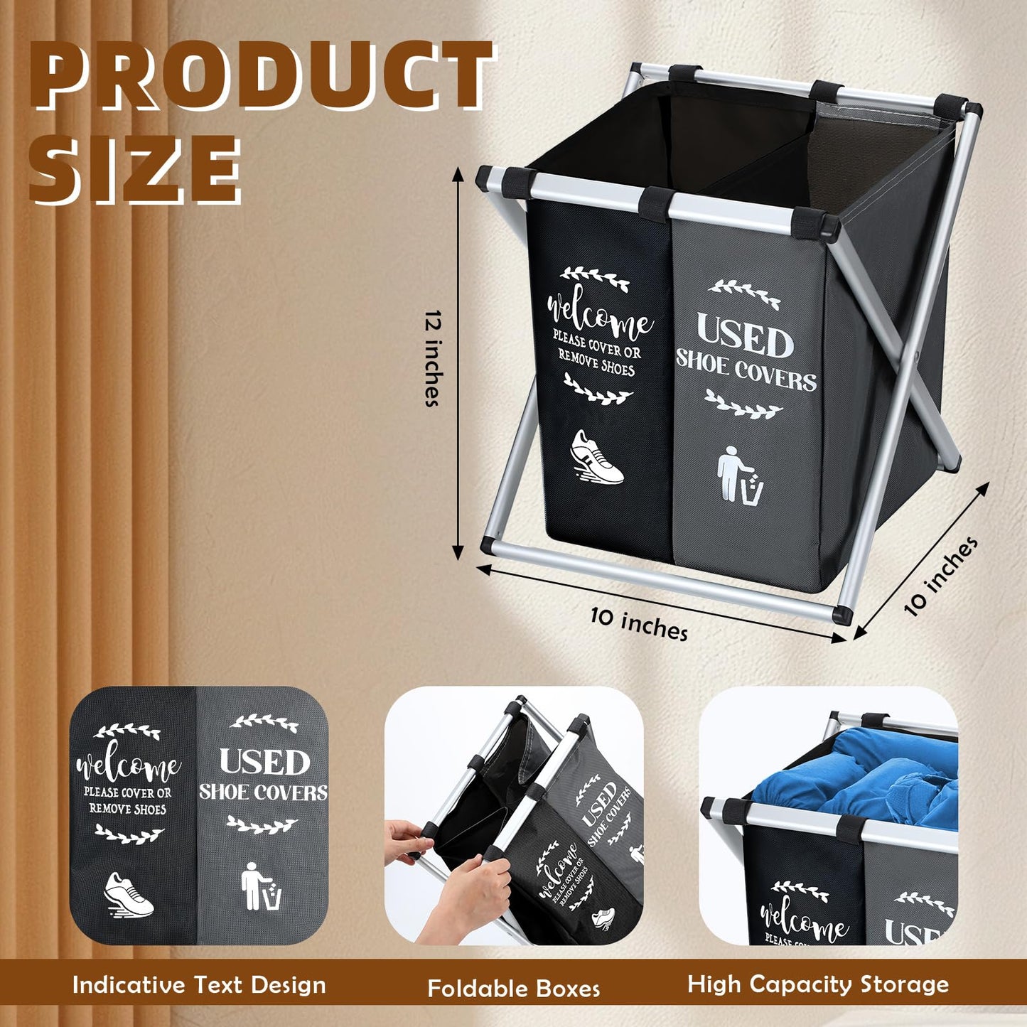 Wonderjune Foldable Disposable Shoe Cover Box Dispenser Fabric Storage Bin Holder with Used Shoe Covers and Welcome Please or Remove Sign for Open House Supplies(Black, Gray)