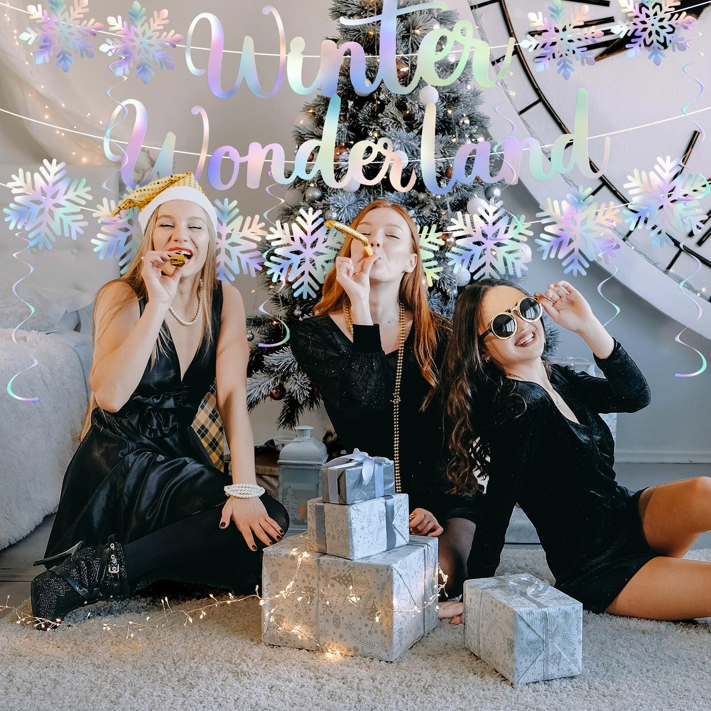 Pinkunn Winter Wonderland Party Decoration Iridescent Decoration Hanging Snowflake Garland Ornaments Iridescent Glitter Paper Spiral Banners for Holiday Birthday Home Party Decor