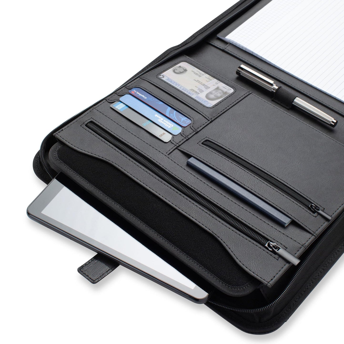Forevermore Portfolios Padfolio Binder - Professional Faux Leather Travel Organizer Pouch for Tablet, Documents, Presentation Folders, Zipper Closure, Notepad - Black