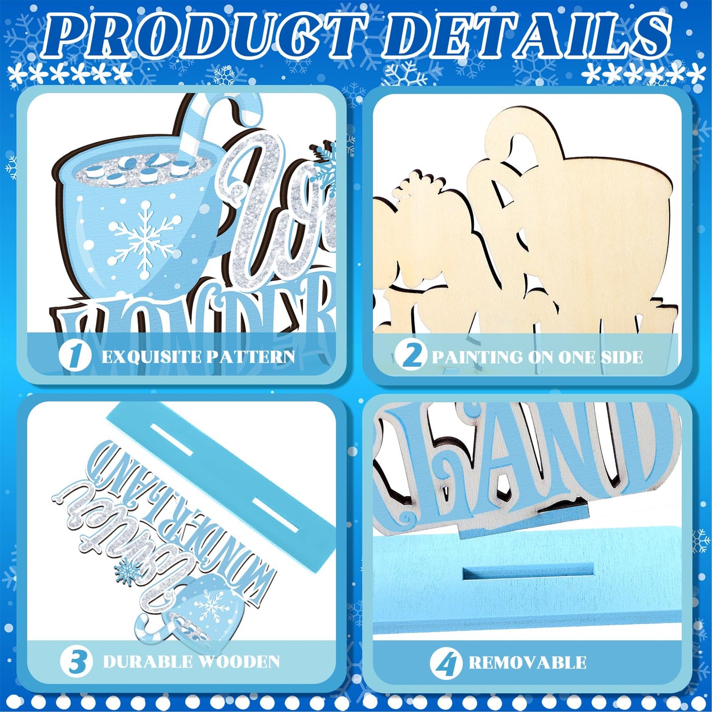 Wonderjune 6 Pcs Winter Wooden Table Decor Snowflake Snowman Wooden Centerpieces Wonderland Decor for Winter It's Snow Theme Xmas Birthday Baby is Cold Outside Party Supplies(Blue)