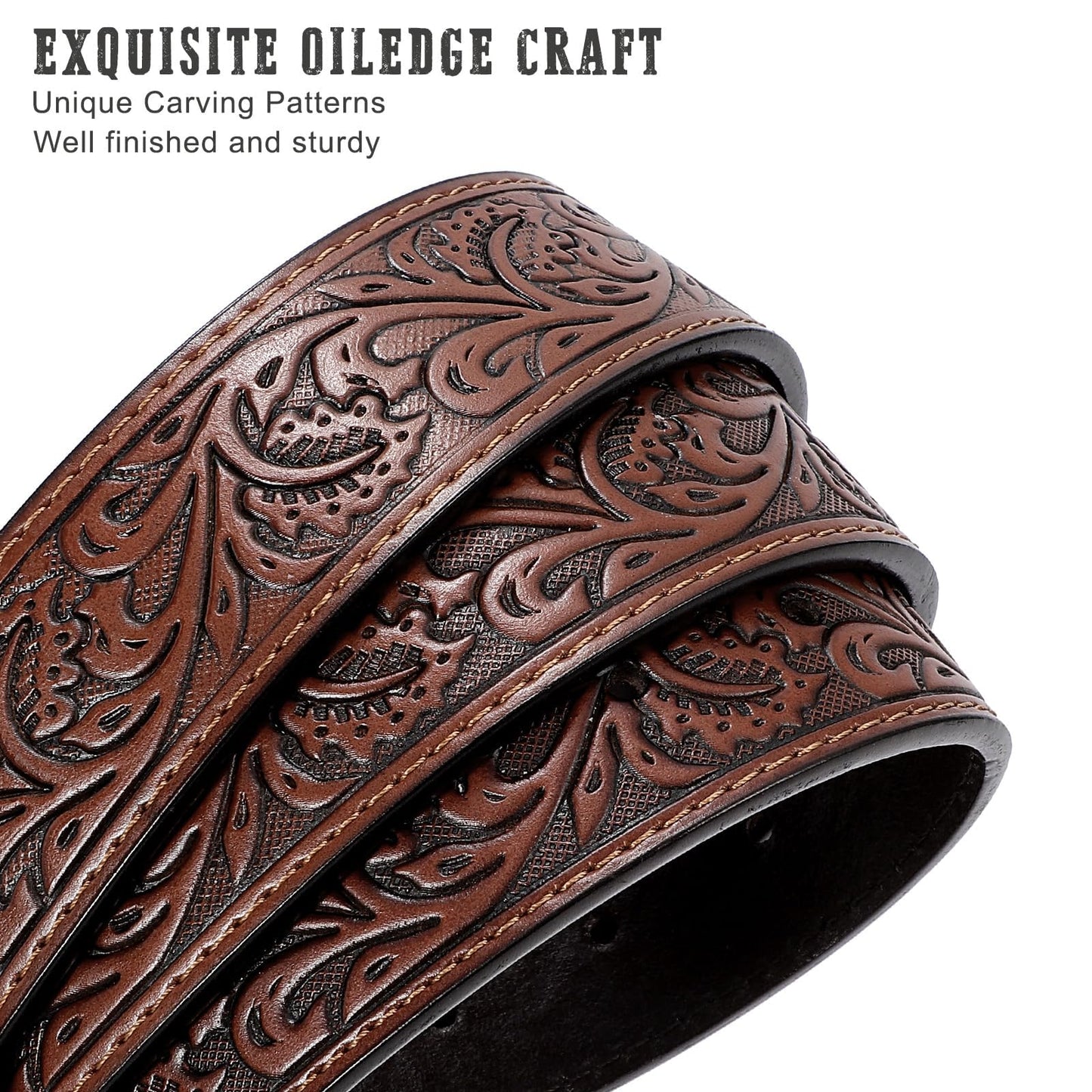 SANSTHS Cowboy Belts for Men Women Western Buckle Belt Cowboy Cowgirl Embossed Leather Belt for Jeans Belt