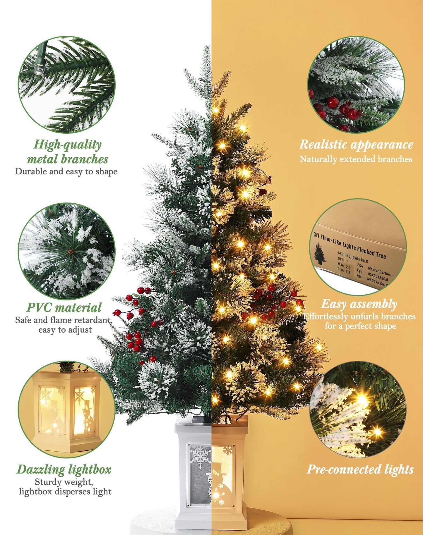 3FT Prelit Premium Snowman Artificial Snow Flocked Christmas Tree with Warm White LED,Prelit Pine Mini Tree for Christmas Decoration,Yard,Home,Office,Outdoor,Indoor,8 Mode Snowman White Base- 2PCS