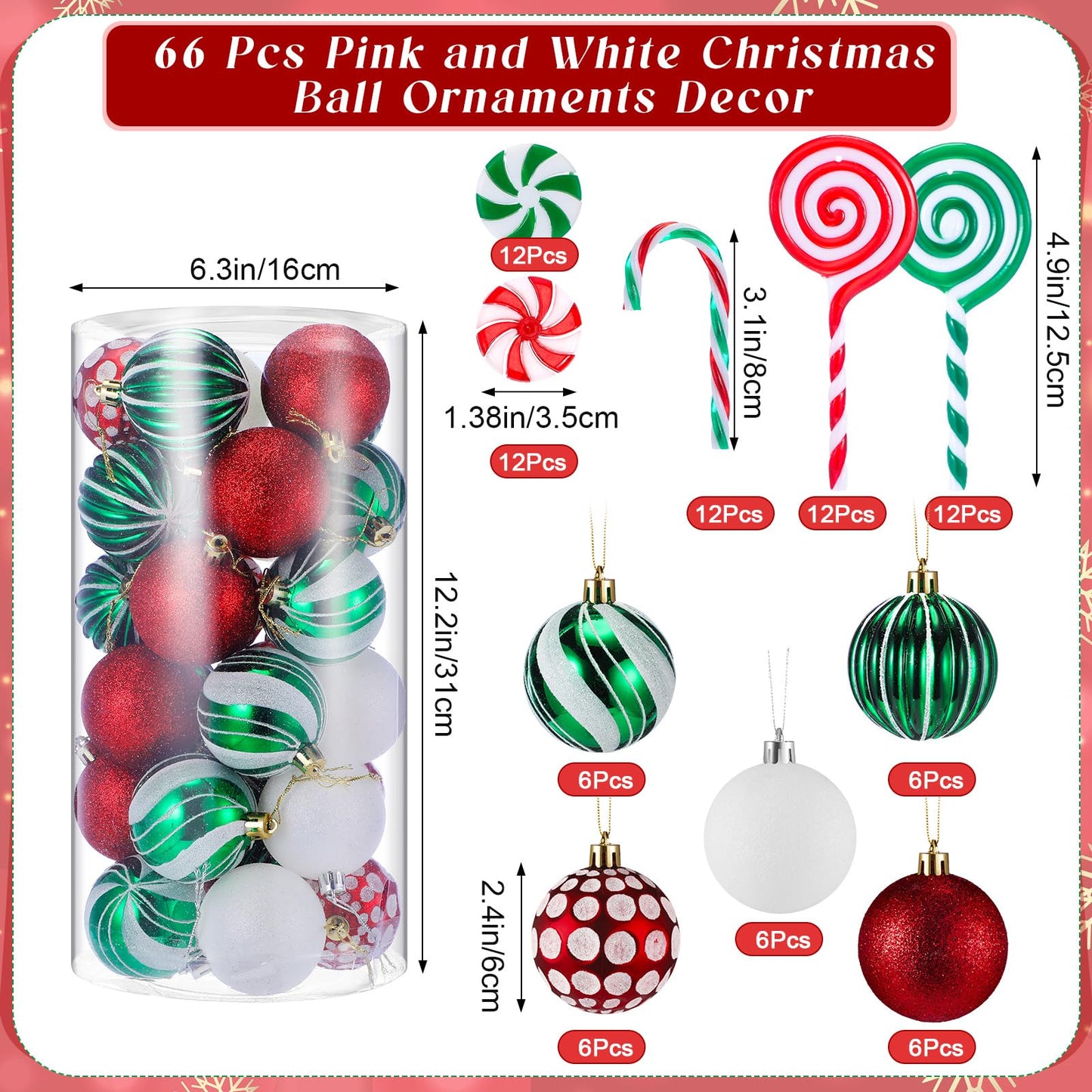 Liliful 66 Pcs Classic Red White Green Christmas Ball Ornaments Decor and Candy Canes Xmas Tree Decorations for Christmas Tree Hanging Decor Candy Lollipop Craft Xmas Party Supplies(Red Green White)