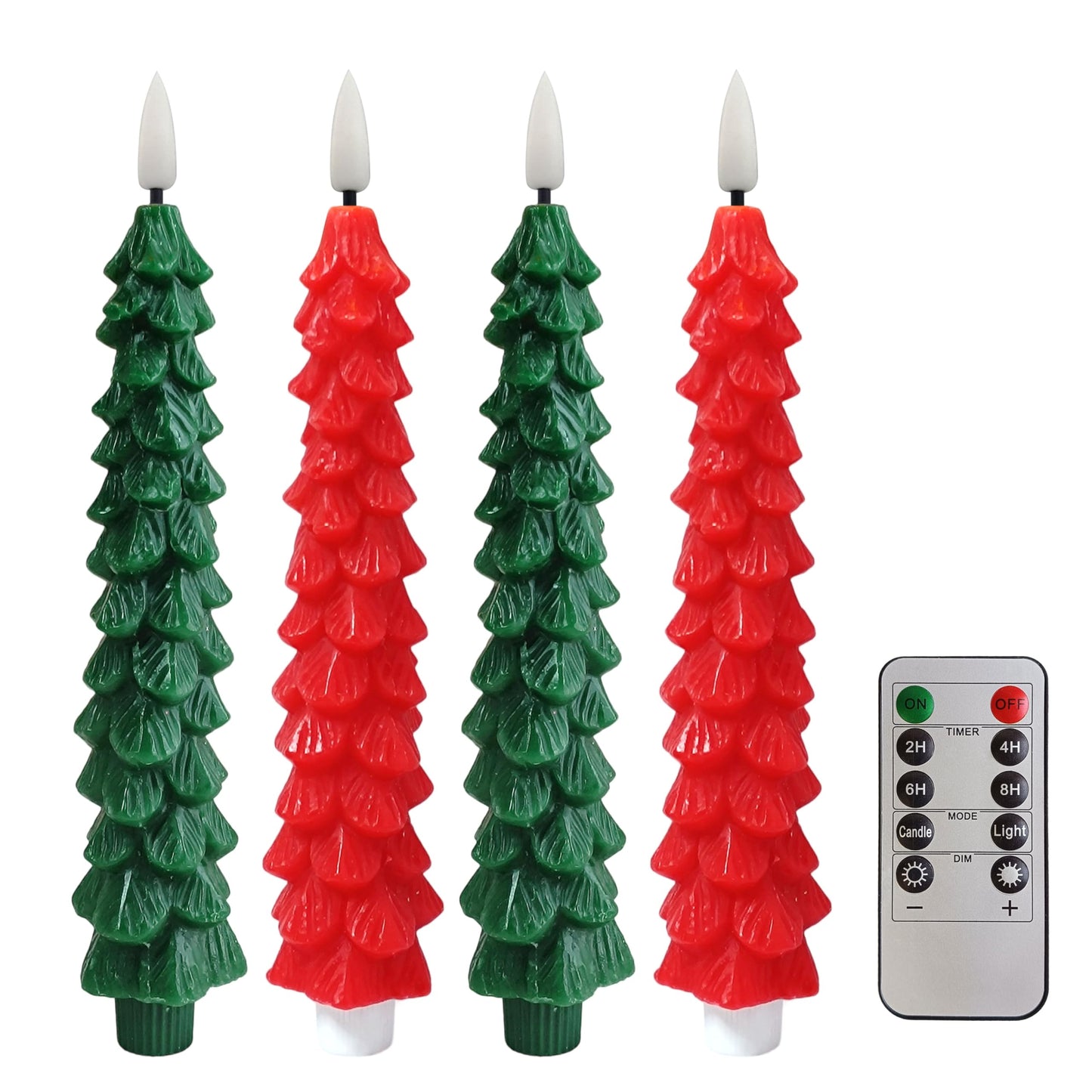 4 Pcs Christmas Tree Flameless Taper Candles with Timer Battery Operated Taper Candles Realistic Flickering Green LED Candle Red Tall ElectricTaper Candlesticks fo Halloween Home Decor festival Party
