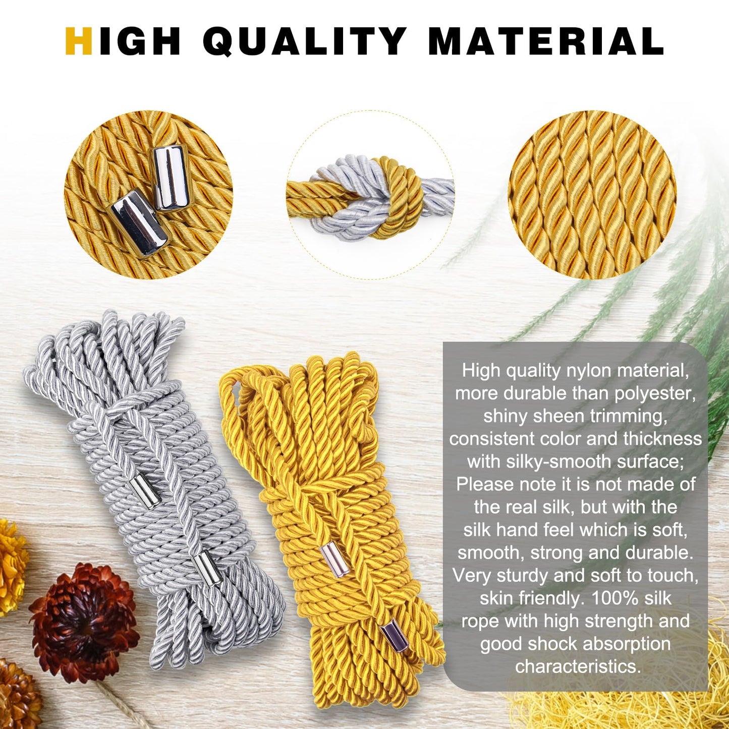 Coldairsoap Soft Silk Rope, Skin Friendly Twisted Trim Cord Rope (Silver & Gold, 32ft)