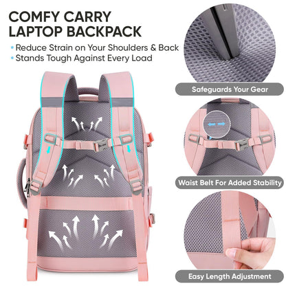 BALEINE Travel Backpack for Women Men, Large Sturdy Carry On Laptop Backpack Gifts for Business, Casual, Weekender, Hiking (Large, Pink)