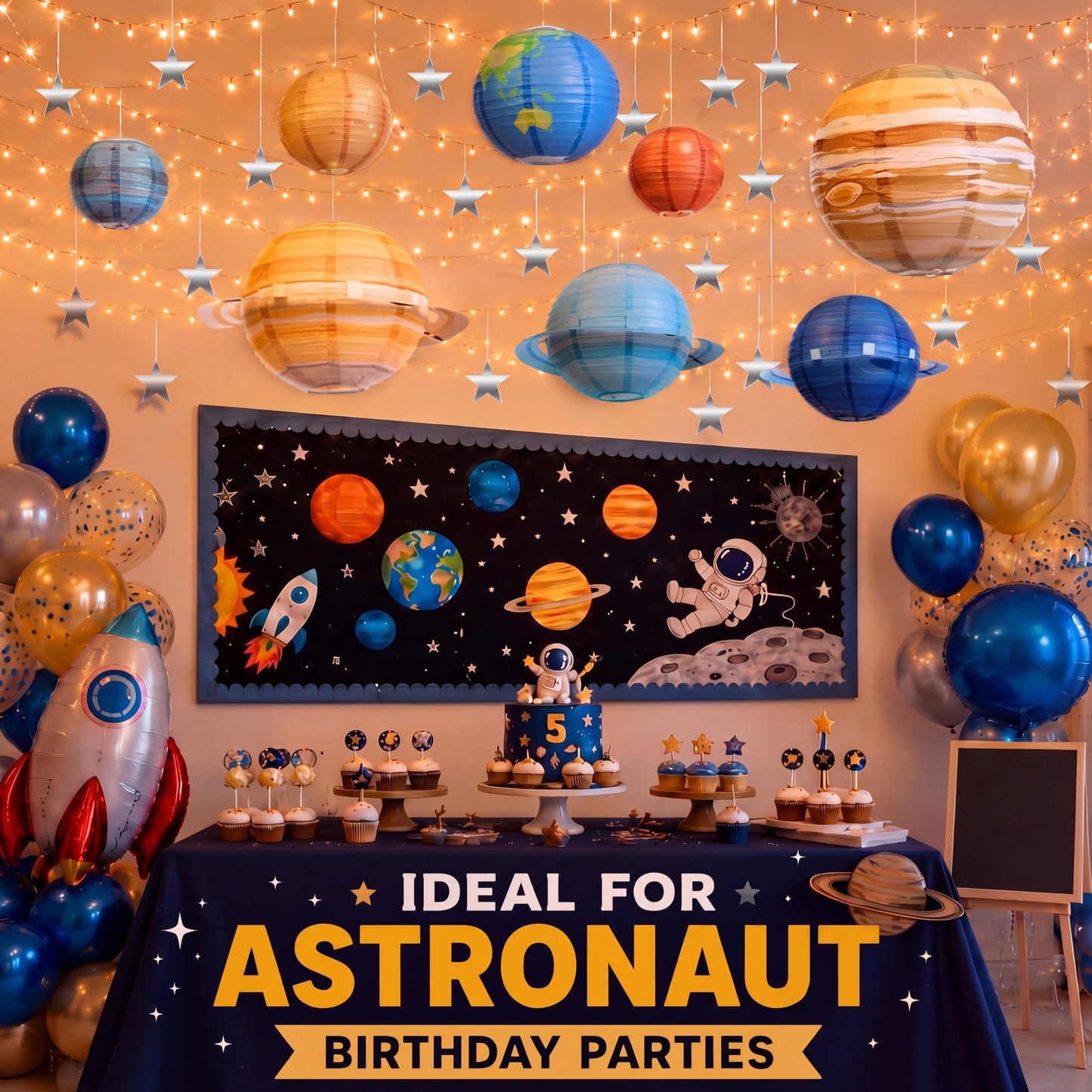 Relaxgiant 53 Pcs Space Ceiling Decoration for Classroom Galaxy Hanging Planet Decor Set with Solar System Lanterns, 66ft String Lights, Silver Stars, Hook for Outer Space Astronaut Birthday VBS Party