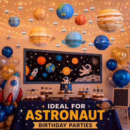 Relaxgiant 53 Pcs Space Ceiling Decoration for Classroom Galaxy Hanging Planet Decor Set with Solar System Lanterns, 66ft String Lights, Silver Stars, Hook for Outer Space Astronaut Birthday VBS Party