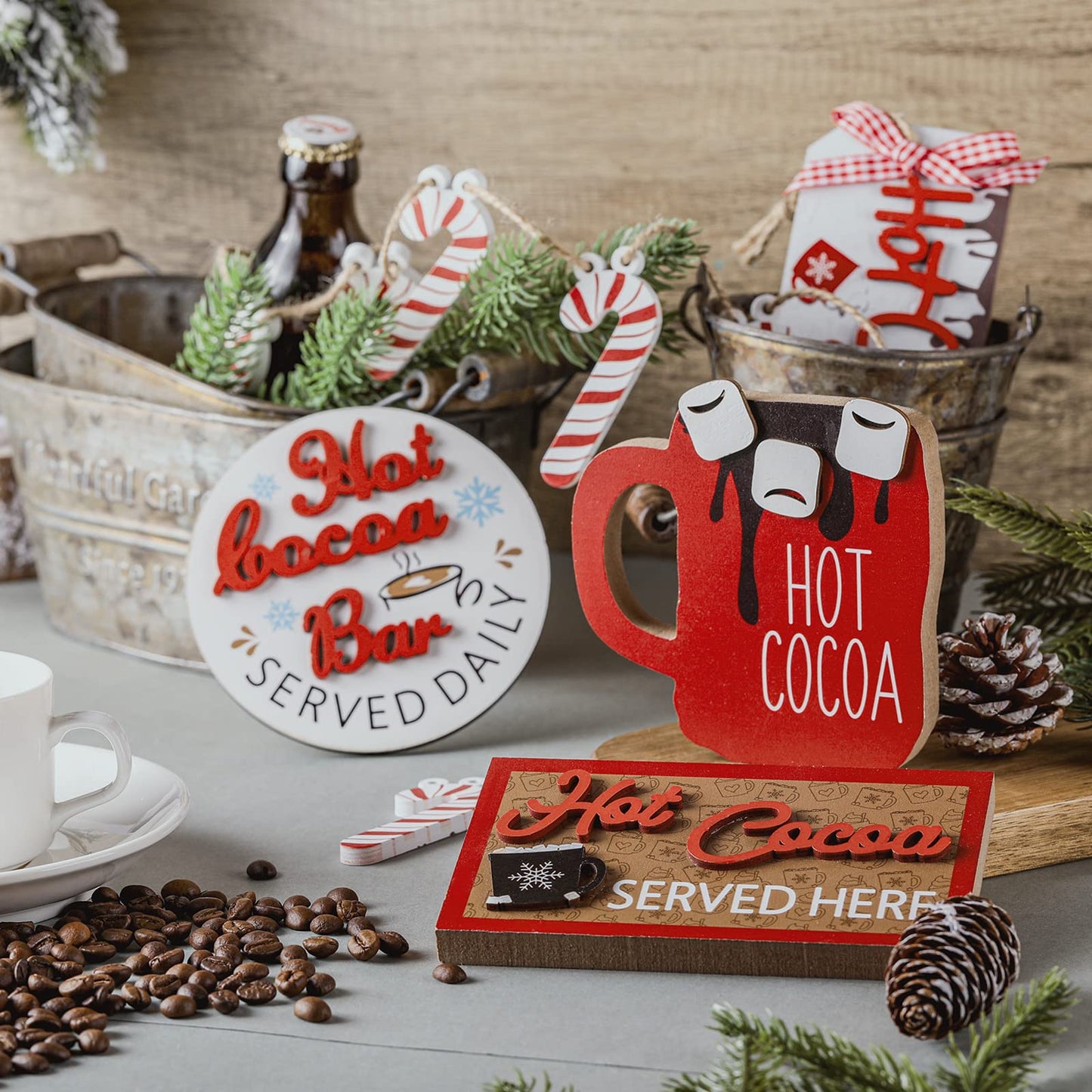 Yalikop 5 Pieces Christmas Hot Cocoa Wooden Signs Tiered Tray Decoration Hot Cocoa Decor Warm Winter Tabletop Wooden Block Sign Christmas Candy Canes Tiered Tray Decorations Holiday Table Centerpieces