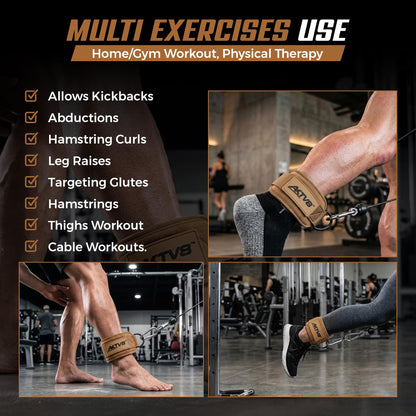 AKTV8 Ankle Straps for Cable Machine – 9mm Padded Neoprene Ankle Cuffs with Heavy Duty Dual D-Rings for Secure Glute Kickbacks, Hip Abductions, Cable Leg Curls & Lower Body Workouts (Brown, Single)