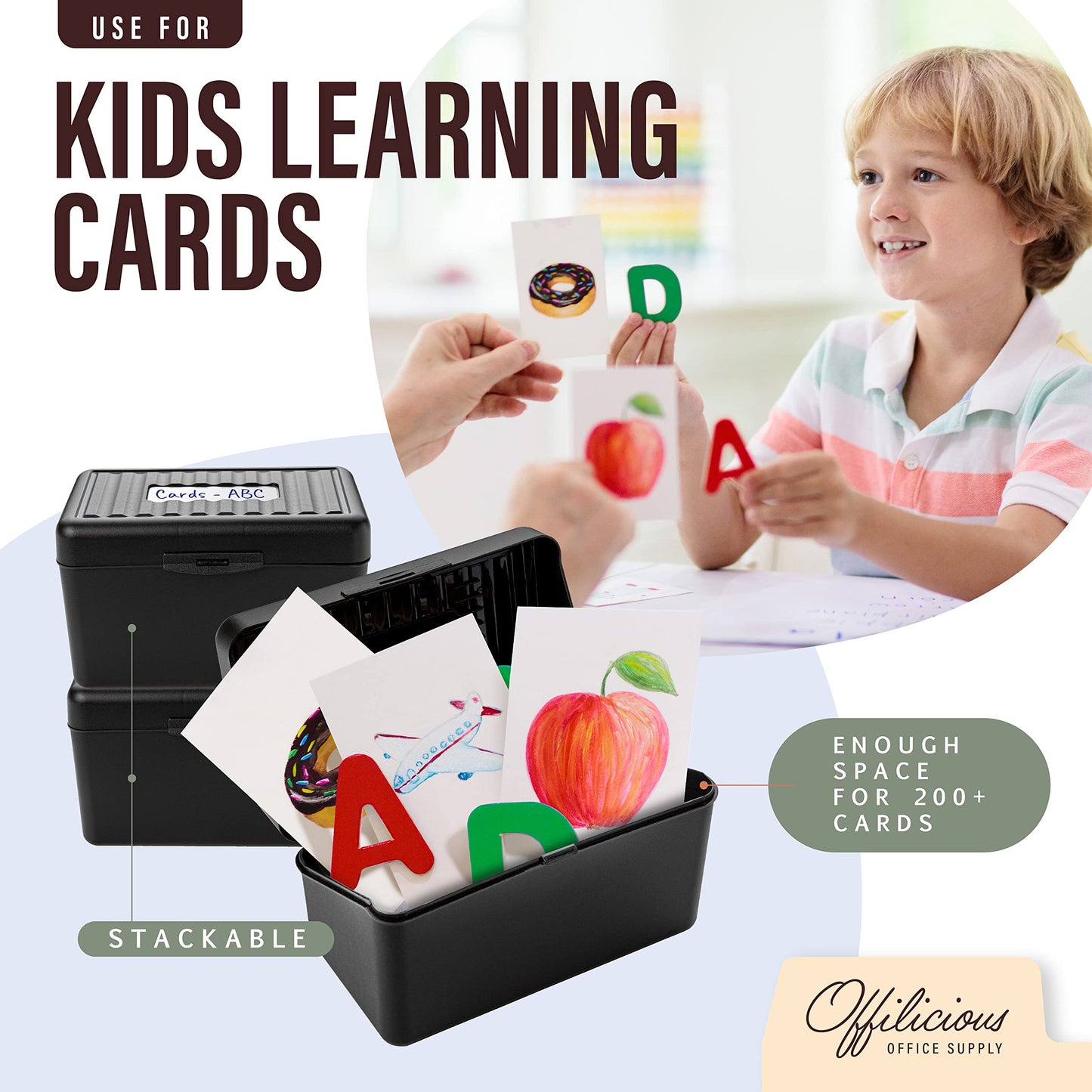OFFILICIOUS Black Index Card Holder 4x6 - Index Card Box With Index Dividers, Ruled Cards & Stickers - Recipe & Flash Card Holder Box Organizer
