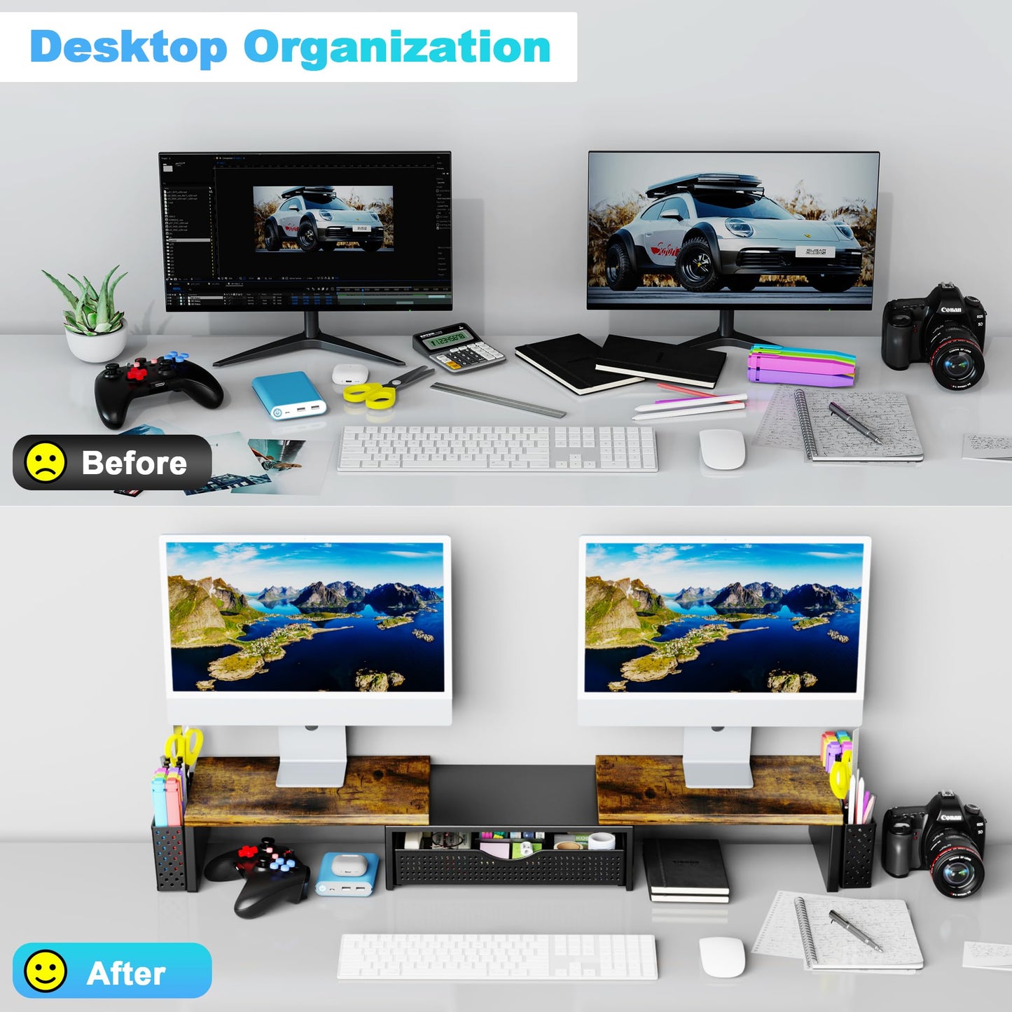 Spacrea Metal Desk Organizers and Accessories, Dual Monitor Stand Riser with Drawer and 2 Pen Holders, Desk Accessories & Workspace Desktop Organizers for Office Supplies (Wood)