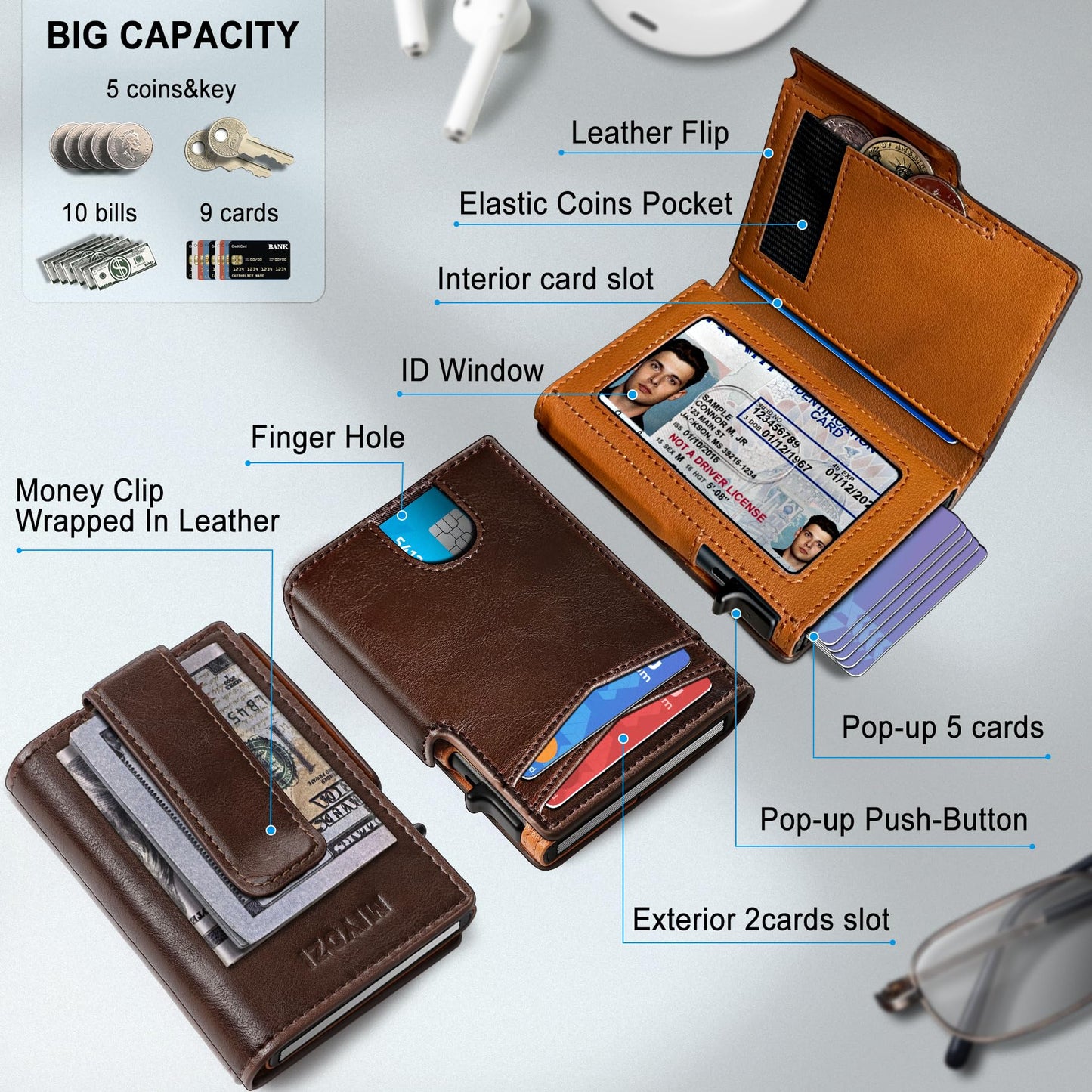 miyozi Wallet for Men, Magnetic Minimalist Slim Wallet with Pop Up Card Holder, 9 Cards RFID Blocking Metal Credit Card Case, Leather Wrapped Money Clip, ID Window & Small Item Slot, Gift Boxed