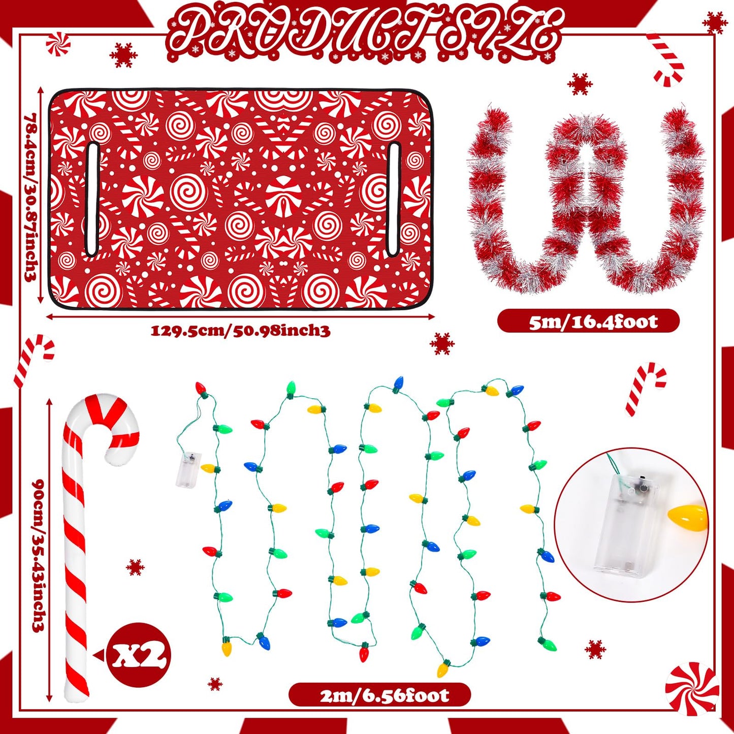 Suncalla 6 Pcs Christmas Golf Cart Decorations Kit Christmas Parade Golf Cart Decor Include Red White Seat Cover Tinsel Garland Candy Canes Balloons and String Lights for Holiday Decoration