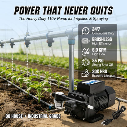 DC HOUSE Continuous Duty 110V Brushless Water Pump, 6GPM 55PSI 4-Chamber Heavy Duty Self Priming Diaphragm Pump for Garden Irrigation, Agricultural Spraying, Pressure Washing & Water Transfer