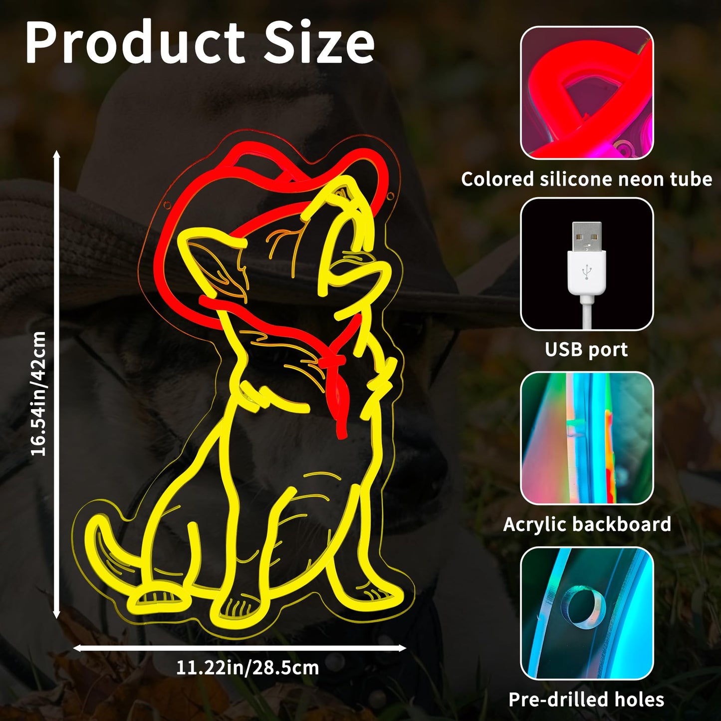 Dog with Cowboy Hat Neon Signs for Wall Decor, Cute Light Up Dog LED Sign for Bedroom, Animal Neon Lights for Birthday Christmas Party Gifts, USB Powered, Dimmable Brightness