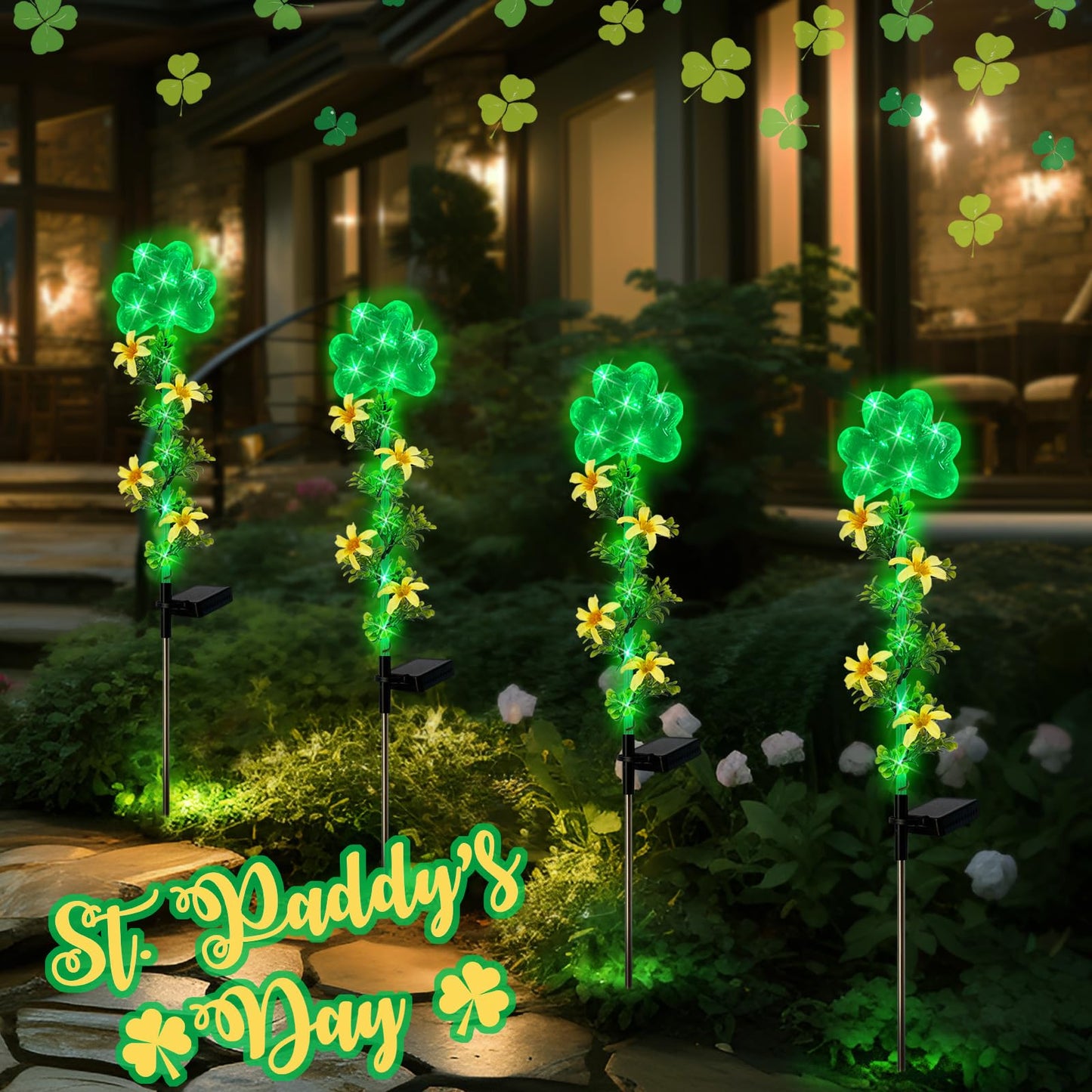 Hokfirm ST Patrick's Day Decorations Outdoor,2 Pack Shamrock Solar Lights Outdoor,Solar Powered Green Fairy Lights Holiday Decorations for Yard,Lawn,Garden Stkae