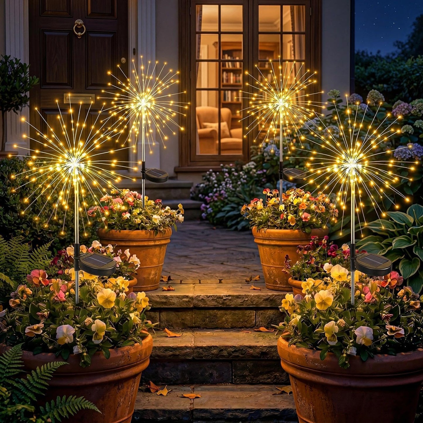 Fairdeer Solar Firework Lights Outdoor 4 Pack, 120LED Solar Starburst Garden Lights with 8 Modes, Waterproof Decorative Sparkle Light for Backyard, Garden, Patio Lawn Landscape & 4th of July Decor