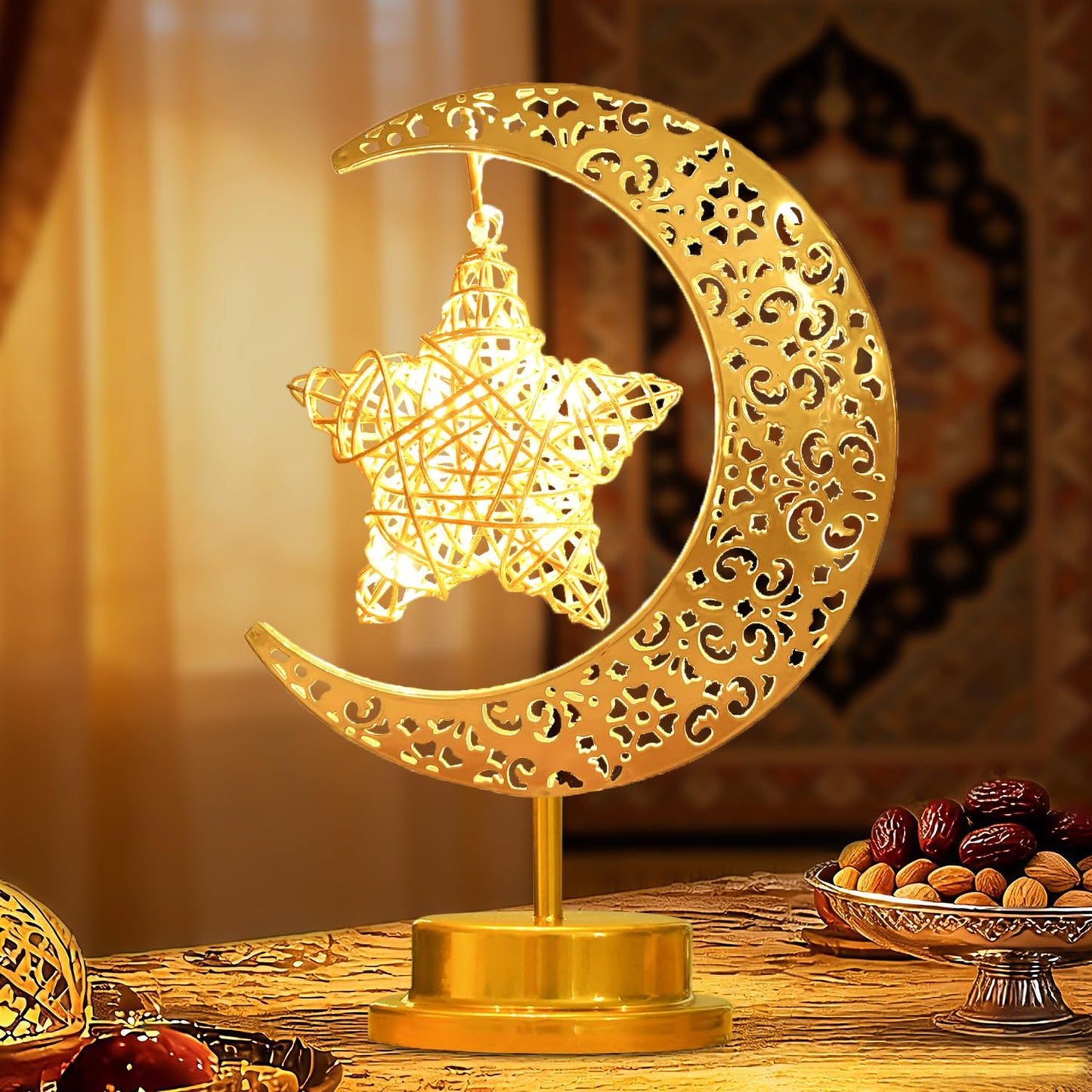 Lifnatty Moon Lamp with Hanging Star, Decorative Crescent Moon Night Light Battery Powered, Retro Metal LED Table Lamp for Bedroom Living Room Boho Home Decor, Gift for Women Birthday Christmas