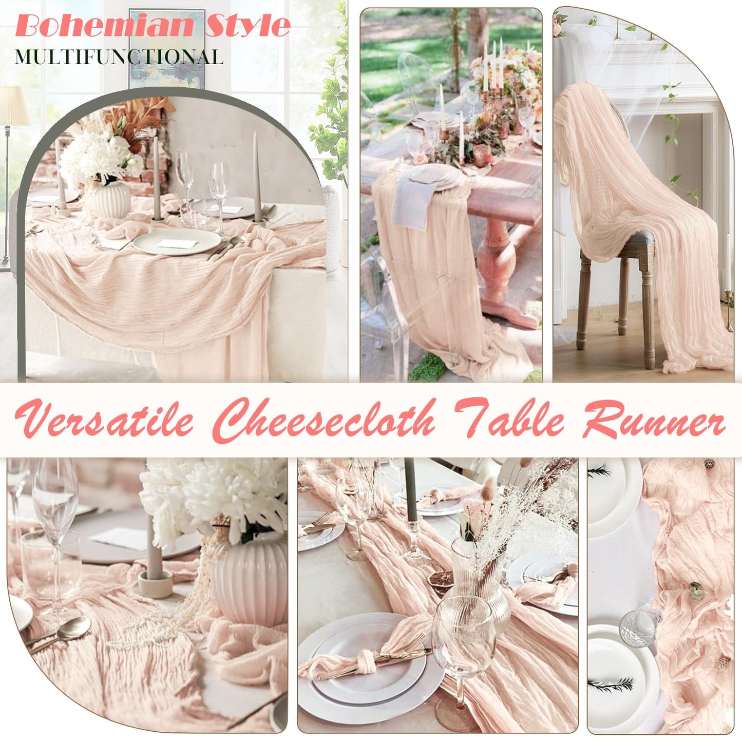 Waligoy Blush Pink Cheesecloth Table Runner 1 Pack 35" Boho Gauze 120 inches Long Runner Rustic Sheer Fabric Bulk for Baby Shower Wedding Bridal Birthday Party Table Decorations
