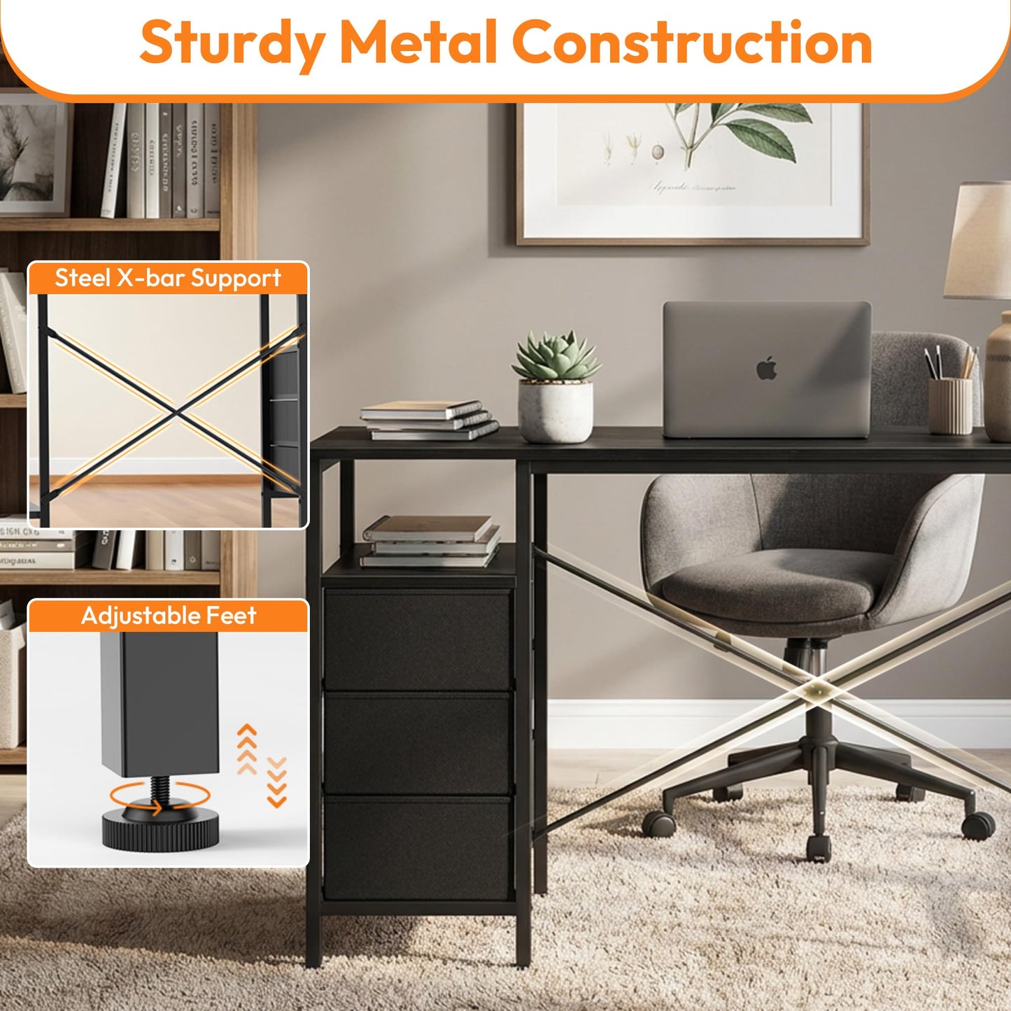 Alpen Computer Desk with Drawers, L Shaped Desk for Bedroom with Power Outlets, Gaming Table with 3 Drawers and Shelves, Corner Desk for Gaming, Study Writing PC Table, 47 Inch, Black