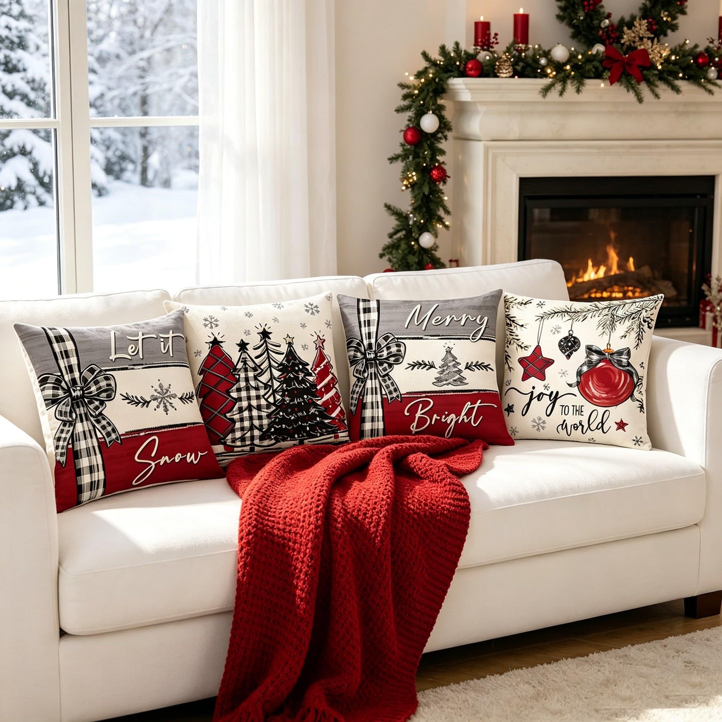 Ni-JASW Red Grey Plaid Christmas Throw Pillow Covers 18x18 inch, Farmhouse Let it Snow Tree Balls Xmas Cushion Case for Sofa Couch Set of 4