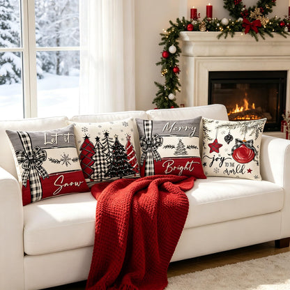 Ni-JASW Red Grey Plaid Christmas Throw Pillow Covers 18x18 inch, Farmhouse Let it Snow Tree Balls Xmas Cushion Case for Sofa Couch Set of 4