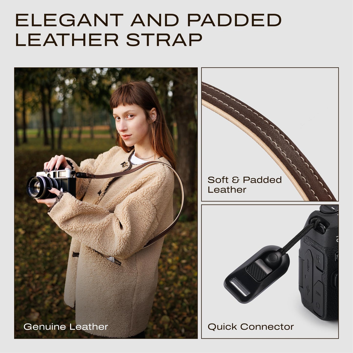 C Coiro Slim Leather Camera Strap with Quick Release, Neck Adjustable Camera Shoulder Strap SLR Compatible with All Camera Brands Padded/Brown