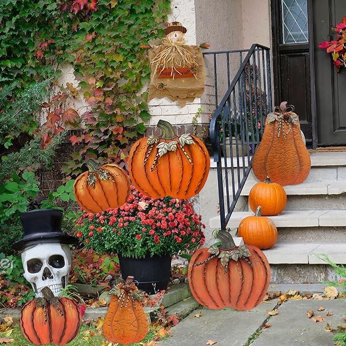 Metal Pumpkin Stakes Yard Signs Fall Decor Decorative Garden Stake Lawn Pumpkins Ornaments Outdoor Autumn Decoration for Harvest Halloween Thanksgiving (17.5" H+26" H Orange)