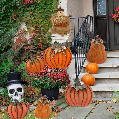 Metal Pumpkin Stakes Yard Signs Fall Decor Decorative Garden Stake Lawn Pumpkins Ornaments Outdoor Autumn Decoration for Harvest Halloween Thanksgiving (17.5" H+26" H Orange)