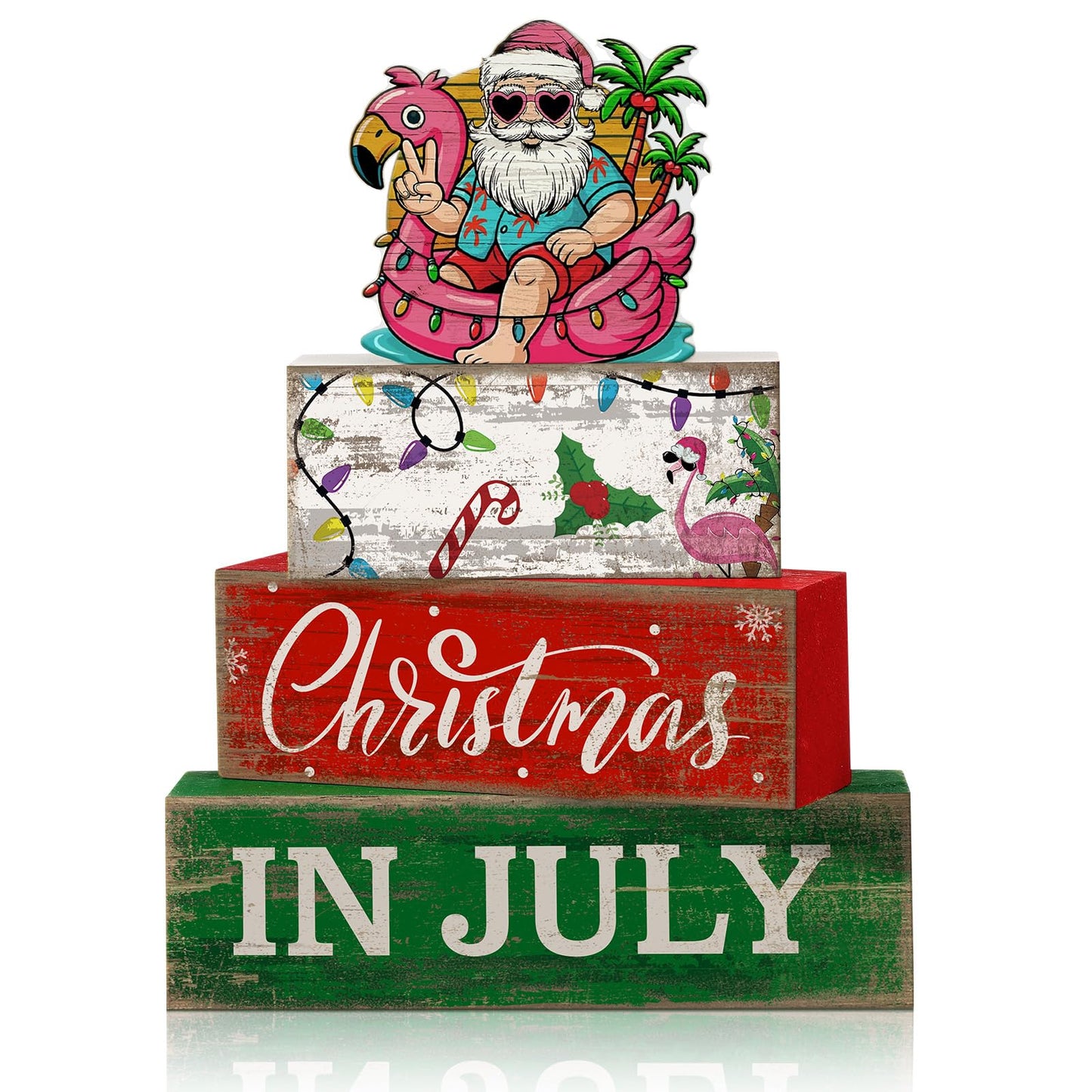 Lineshading 4 Pcs Summer Christmas in July Wooden Table Decoration Tropical Christmas Tiered Tray Decor Santa Claus Flamingo Beach Party Supplies Xmas Table Centerpiece Sets for Shelf Home Office