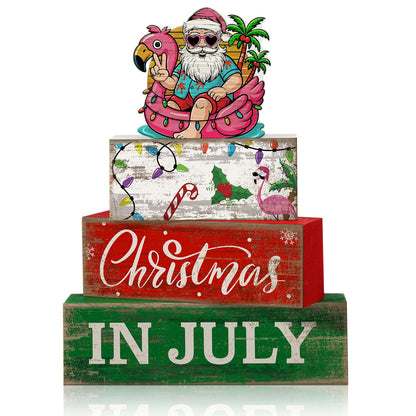 Lineshading 4 Pcs Summer Christmas in July Wooden Table Decoration Tropical Christmas Tiered Tray Decor Santa Claus Flamingo Beach Party Supplies Xmas Table Centerpiece Sets for Shelf Home Office