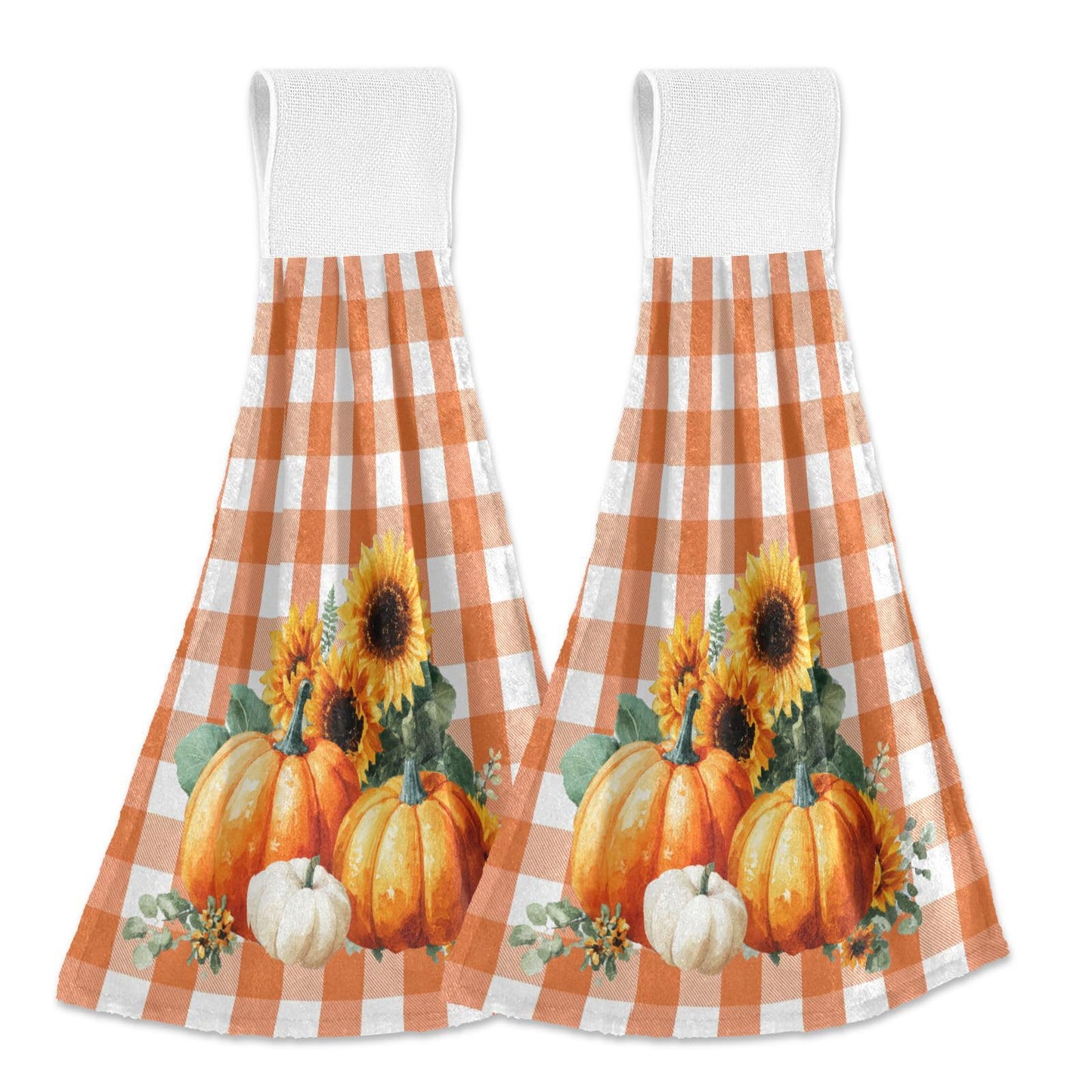 Boccsty Autumn Pumpkin Hanging Kitchen Towels 2 Pieces Harvest Sunflower Orange Buffalo Check Dish Cloth Tie Towels Hand Towel Tea Bar Towels for Bathroom Farmhouse Housewarming Tabletop Home