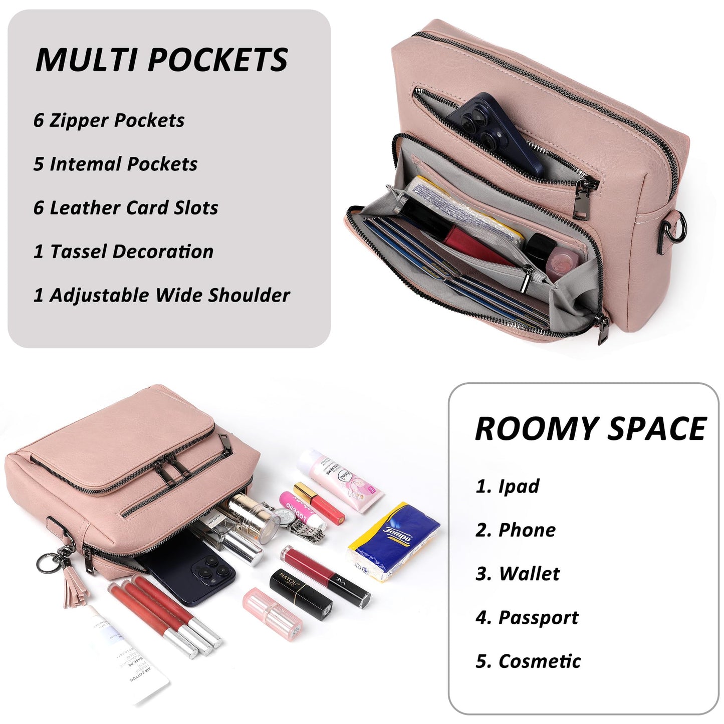 TANTOMI Crossbody Bags for Women Trendy Crossbody Purse Shoulder Handbags Vegan Leather Built in Wallet for Traver-Pink