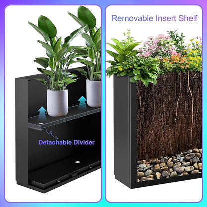 Tall Metal Planter, 12" W×24" H Large Rectangular Planter Box for Outdoor or Indoor, All-Weather Durable Plant Box with Drainage Holes & Removable Shelf for Patio, Porch, Garden, Trees, Flowers