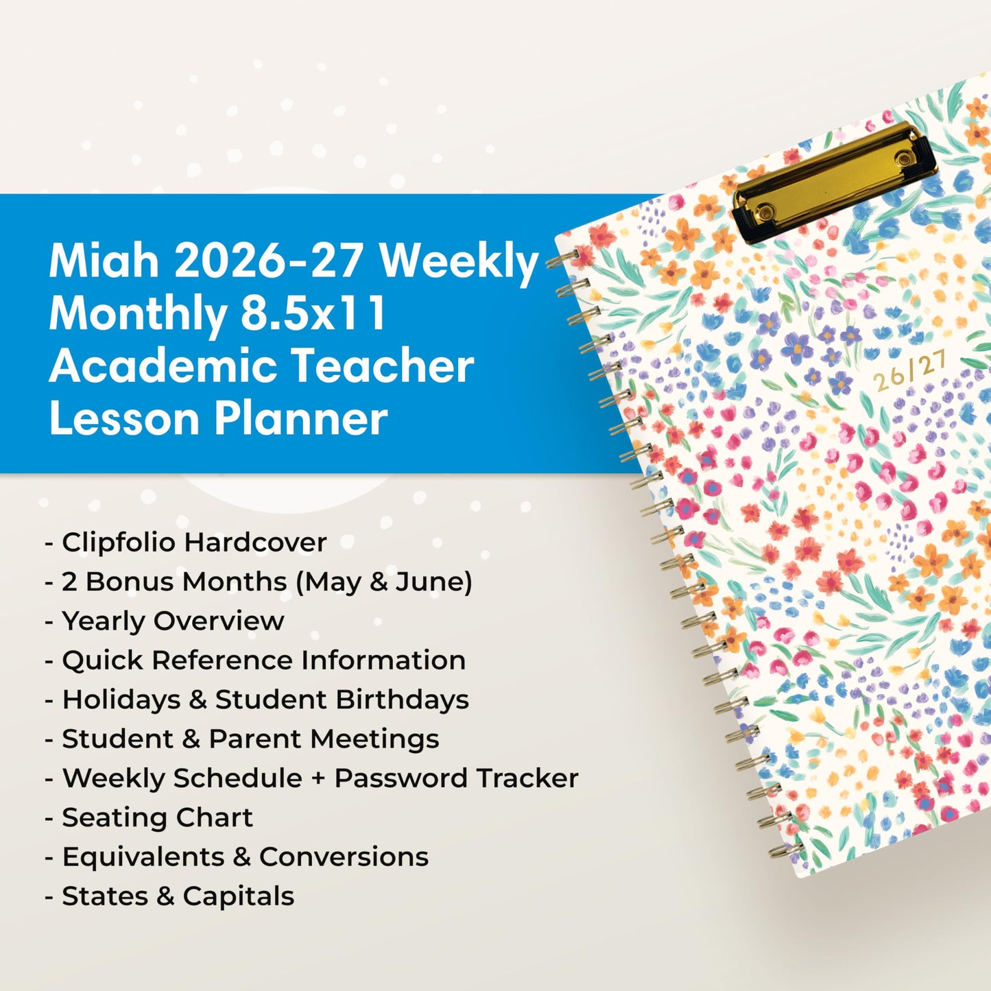 Blue Sky 2026-2027 Weekly and Monthly Academic Year Teacher Lesson Planner Calendar With Clipboard, July 2026 - June 2027, 8.5" x 11", Hard Cover, Wirebound, Laminated Tabs, Miah