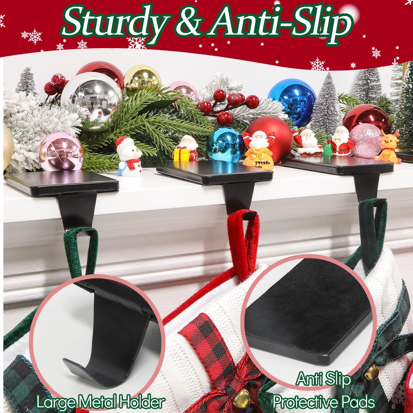 HMASYO Christmas Stocking Holders for Mantle Set of 2, Black Heavy Duty Iron Stocking Hangers Base, Low Profile Weighted Stocking Holder Hooks for Fireplace Tabletop Shelf Christmas Decoration