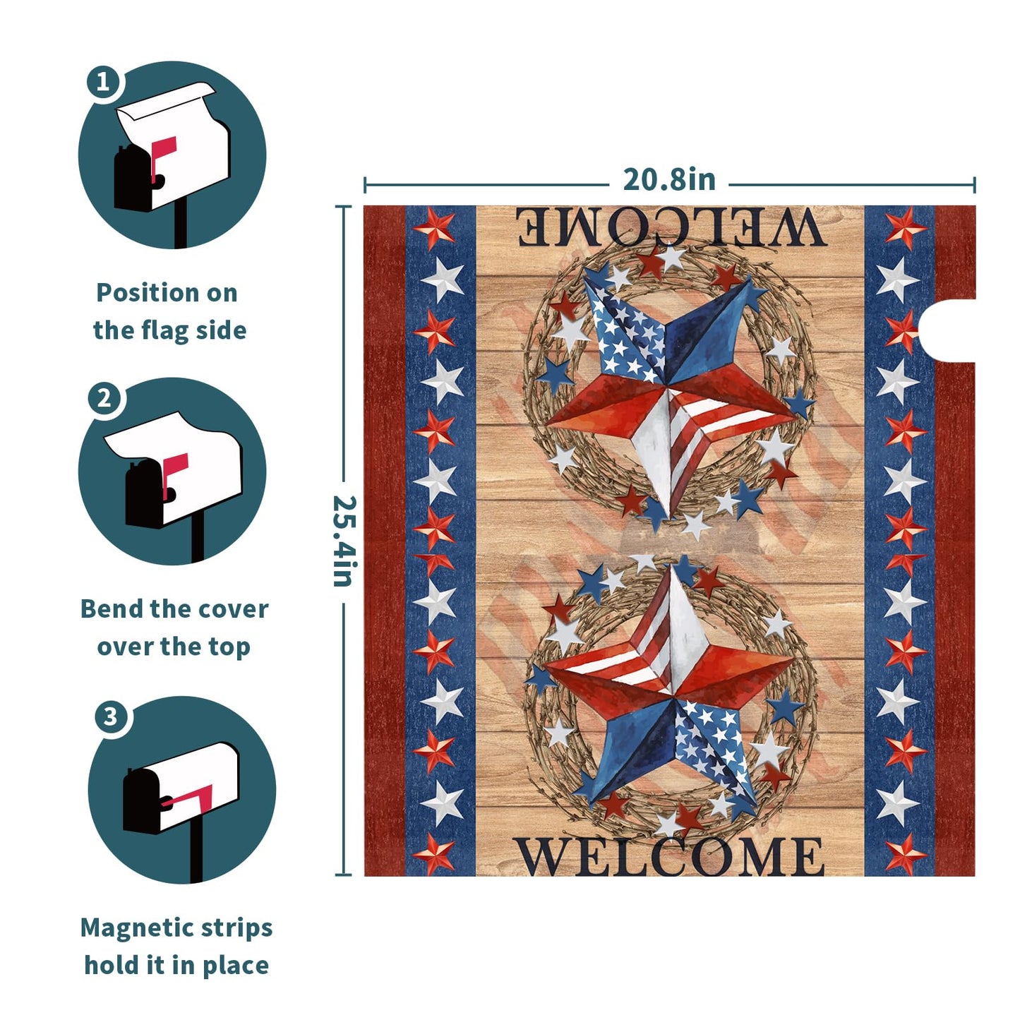 4th of July Patriotic Star Magnetic Mailbox Cover - Large Size 25.5"x21" American Flag Design for Memorial Day - Red White Blue Decorative Letter Box Wrap for Outside