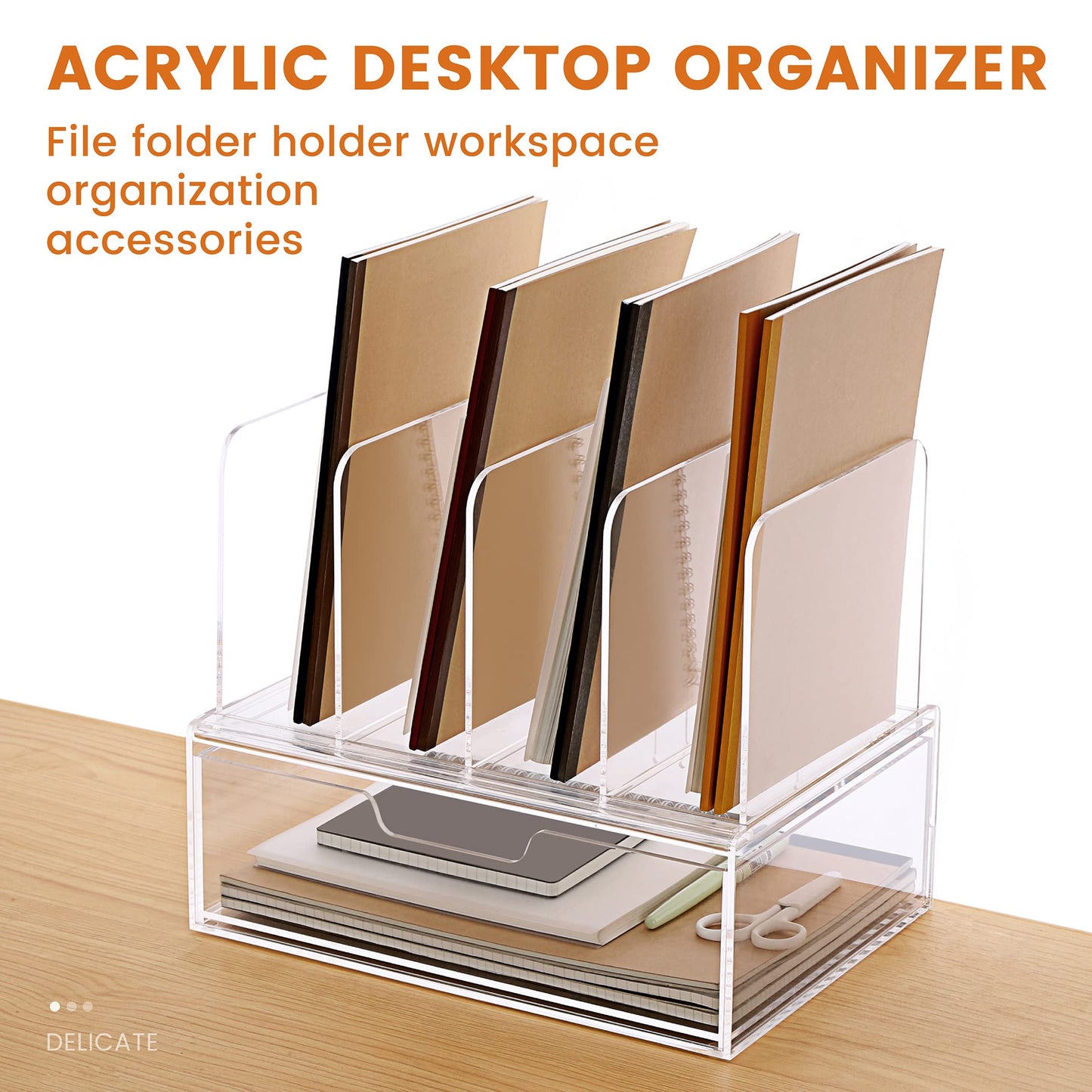 HeZone Desk Organizers and Accessories, Acrylic Desk Organizer with Drawer, Office Supplies Organization Storage, Clear Acrylic File Organizer for Desk - 1 Pack