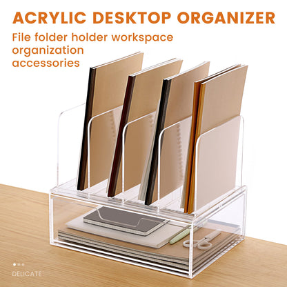 HeZone Desk Organizers and Accessories, Acrylic Desk Organizer with Drawer, Office Supplies Organization Storage, Clear Acrylic File Organizer for Desk - 1 Pack