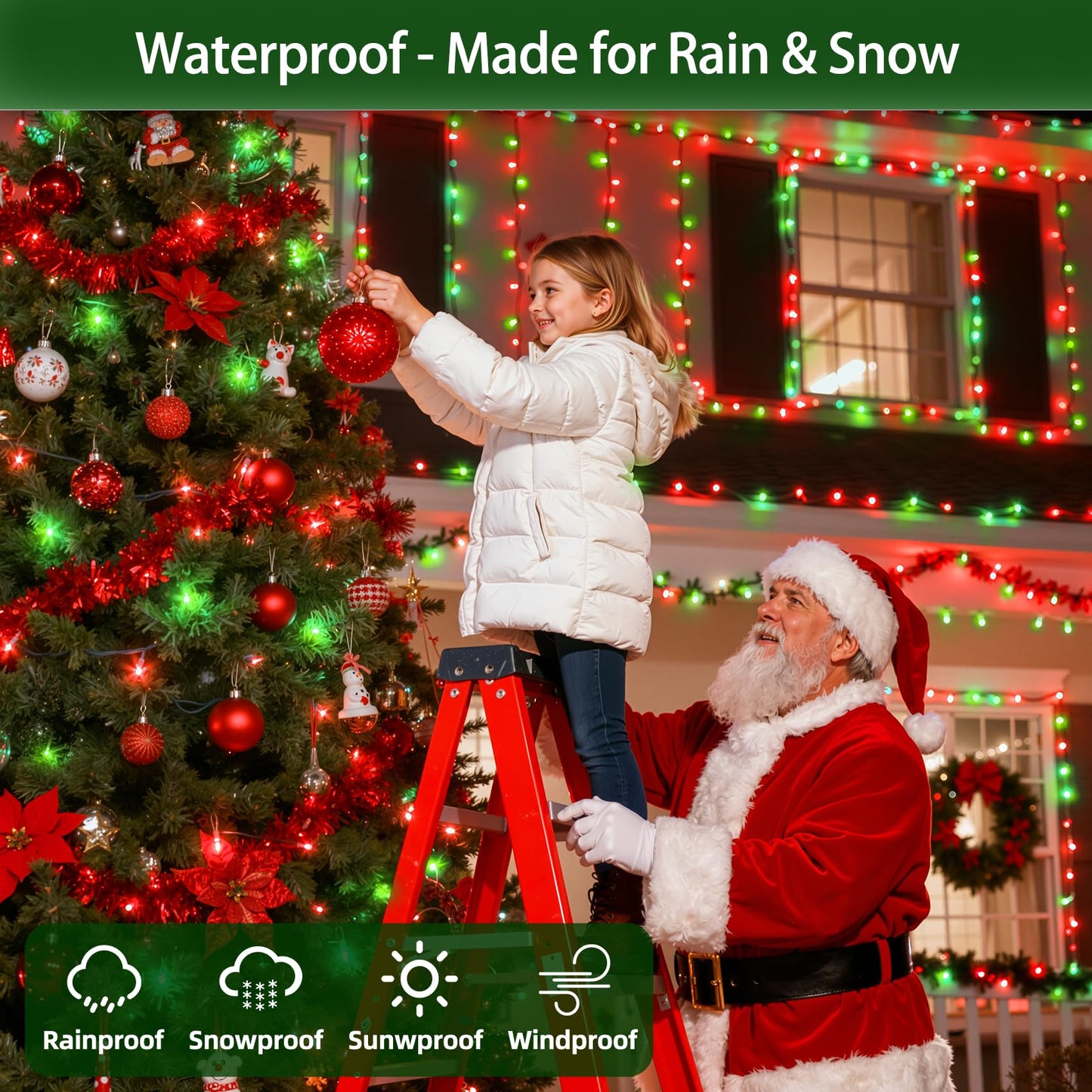 300LED Chrstmas Lights, 75ft Indoor Outdoor Christmas String Lights with 12 Modes, Red & Green ChristmasTree Lights with Timer Dimmable Connectable for Fence Garden Wedding Party Decor Red & Green