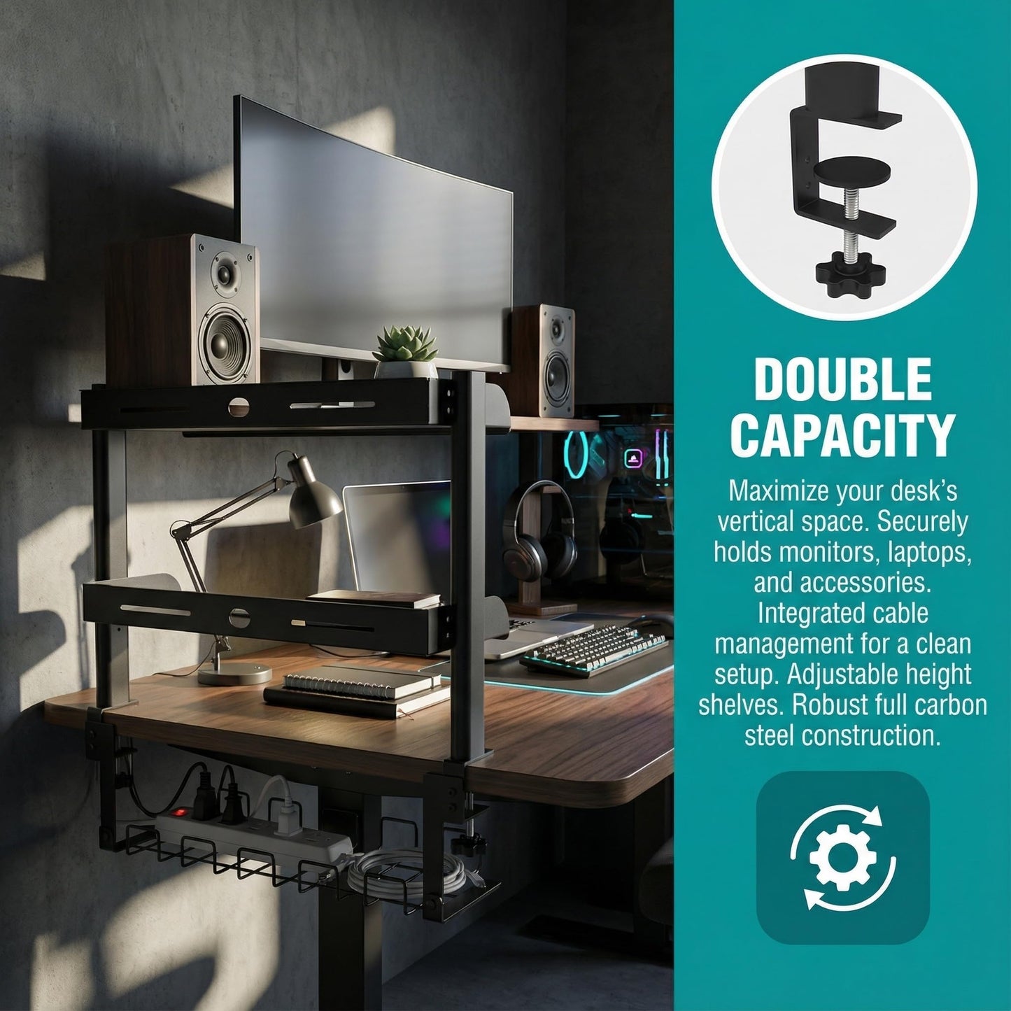 Clamp On Desk Shelf, 17'' 2-Tier Desktop Organizer Shelf with Under-Desk Hidden Storage Basket, Heavy-Duty Desk Shelves for Top of Desk, Space-Saving Desk Storage for Home Office Gaming Setup (Black)