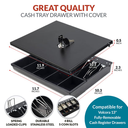 Volcora Cash Drawer Tray with Locking Cover - 11.7 x 10.3 x 2.3 Inch Metal Cash Lock Box with Lid - 4 Bill/5 Coin Money Organizer for Volocara 13" Fully-Removable Cash Drawers - For Business Use