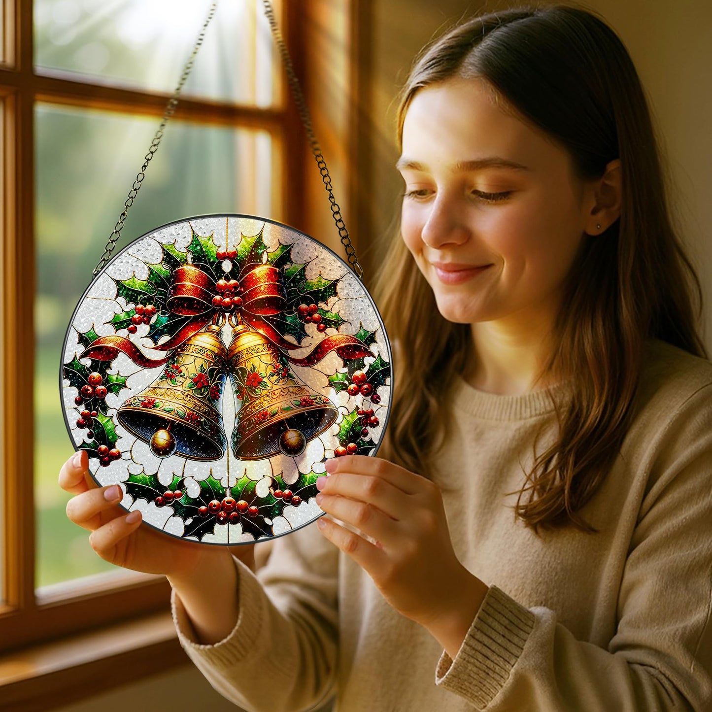 Stained Glass Window Hanging, Pauyadu Sun Catchers Indoor Window, Bells Christmas Suncatcher, Christmas Home Decor, Festive Gifts for Friends, Neighbor - 8 Inch