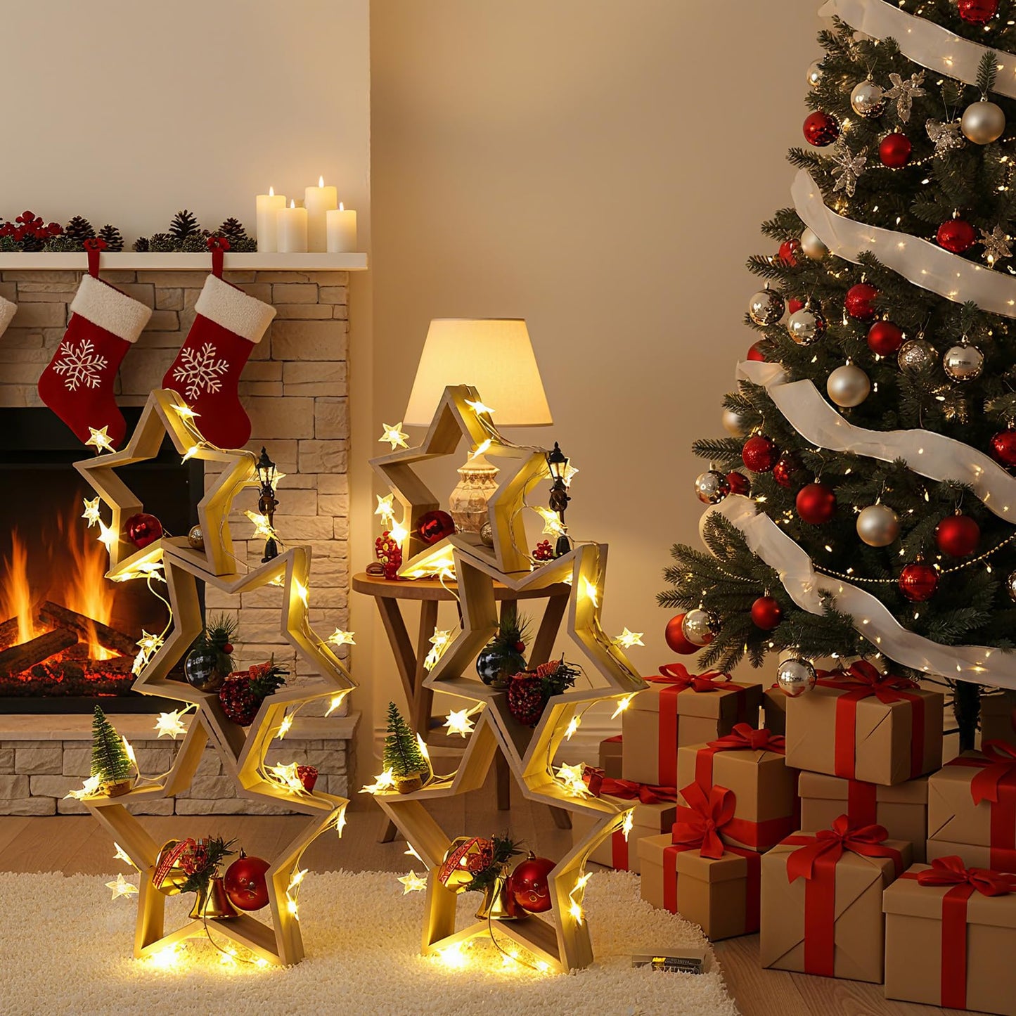 Geelin 6 Pcs Christmas Wooden Star Tabletop Centerpiece Sign with Light Strips Tape DIY Xmas Ornament for Farmhouse Fireplace Mantle Table Crafts Bookshelf Tiered Tray Decor (Original Wood)