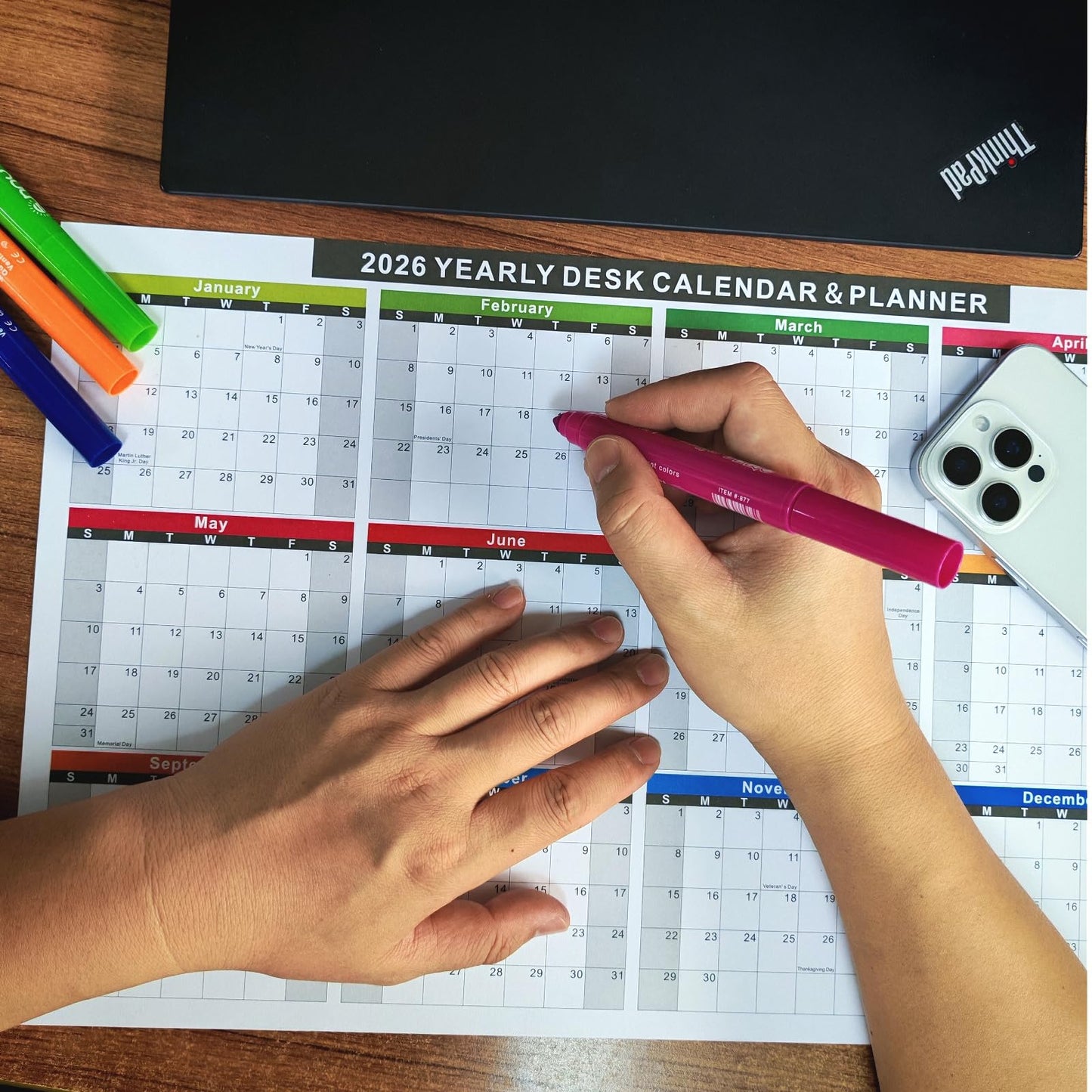 2026 Wall Desk Calendar 11x17 Inch, Reversible 2-Sided Horizontal or Vertical, 12 Month with Generous Block Space & Holidays Marked for Office, Home, School - 2 Pack (1 Laminated & 1 Cardstock)