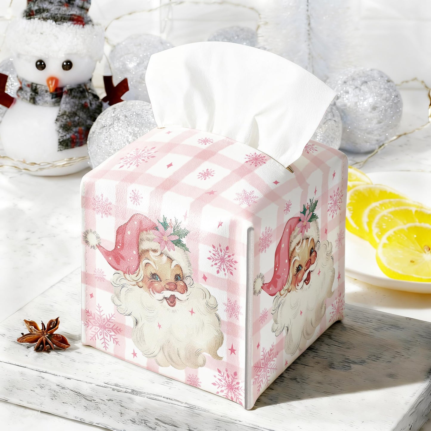 Christmas Box Cover Square, Santa Claus Pink Checkered Decorative Tissue Box Holder, Waterproof Leather Tissues Boxes Dispenser for Bathroom, Office, Car, Bedroom Nightstand, Home Decor