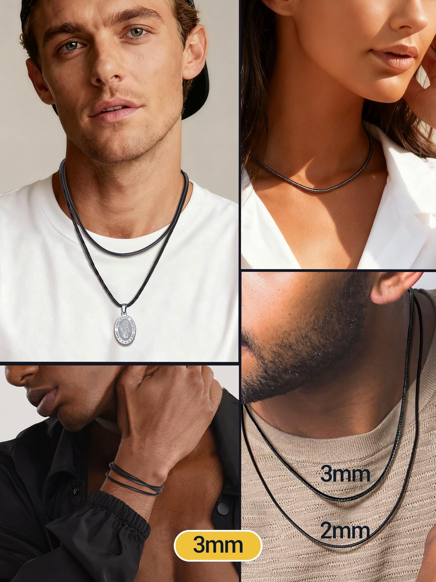 PROSTEEL Black Leather Necklace for Men 3mm Cord 20inch Leather String Necklace Chains Jewelry