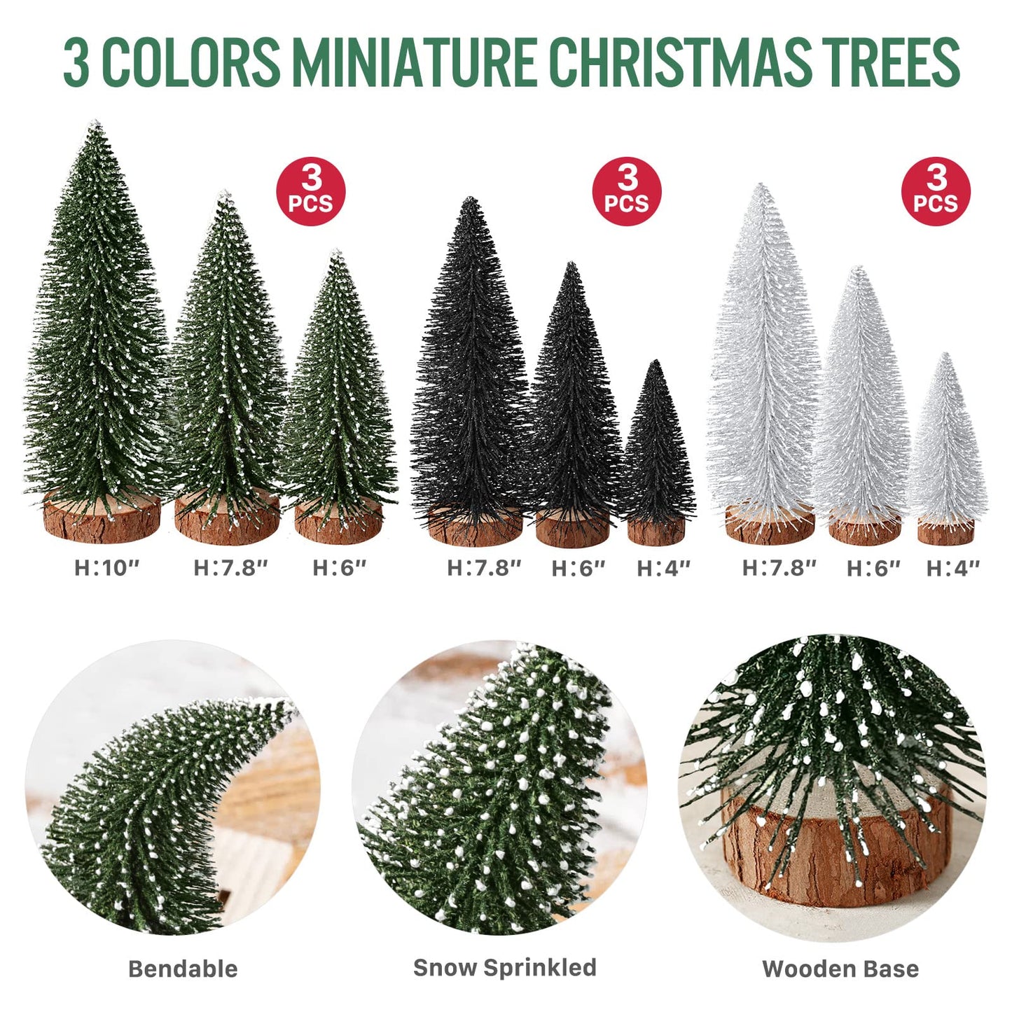 9Pcs Mini Christmas Trees Christmas Decor Artificial Christmas Decorations with 4 Sizes, Christmas Tree Bottle Brush Trees Christmas Table Decorations (Green Silver Black)