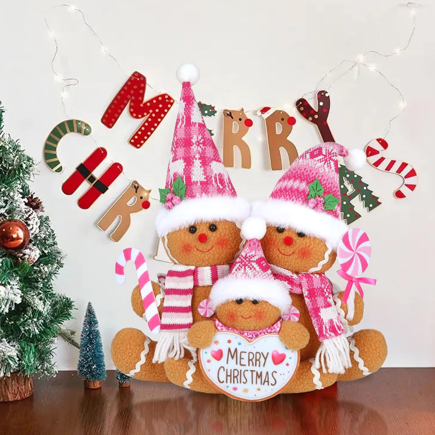 HMASYO Pink Gingerbread Family Christmas Gnome Decoration, 14 Inch Plush Gingerbread Candy Christmas Stuff Figurines for Home Fireplace Window Tabletop Tiered Tray Holiday Xmas Decor (Pink)